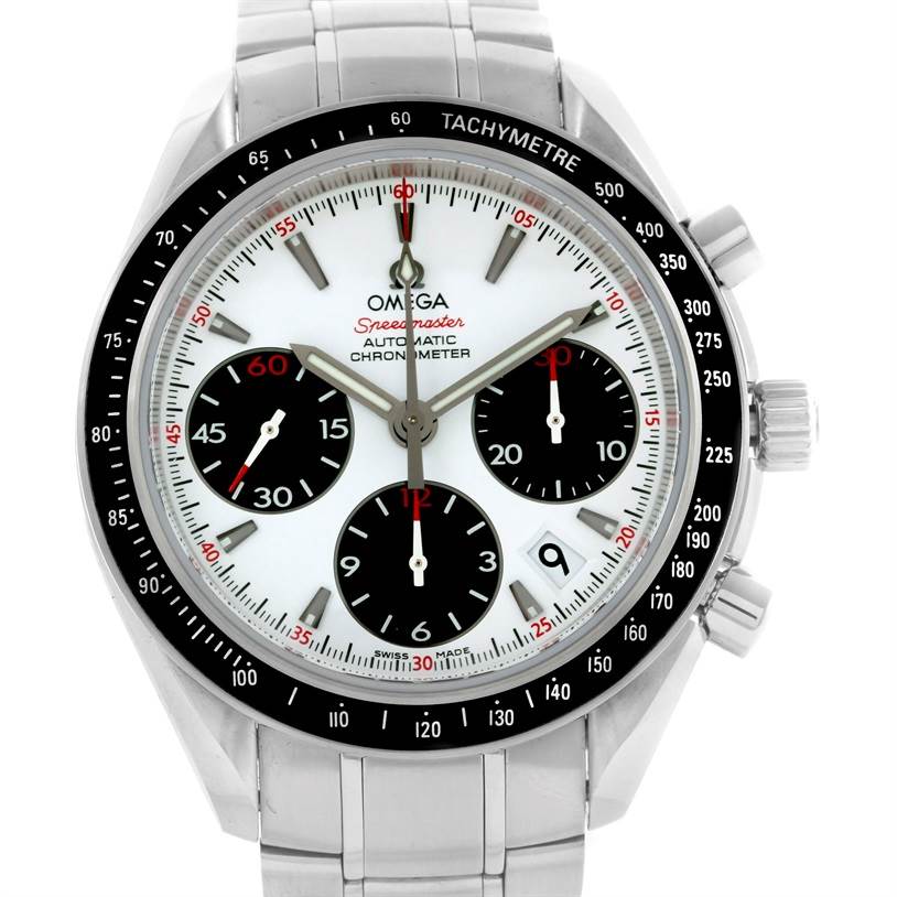 The image shows a frontal view of the Omega Speedmaster 323.30.40.40.04.001 Men
s Stainless Steel White Dial 323.30.40.40.04.001 Men
s Stainless Steel White Dial watch, displaying the dial, subdials, tachymeter bezel, and part of the bracelet.