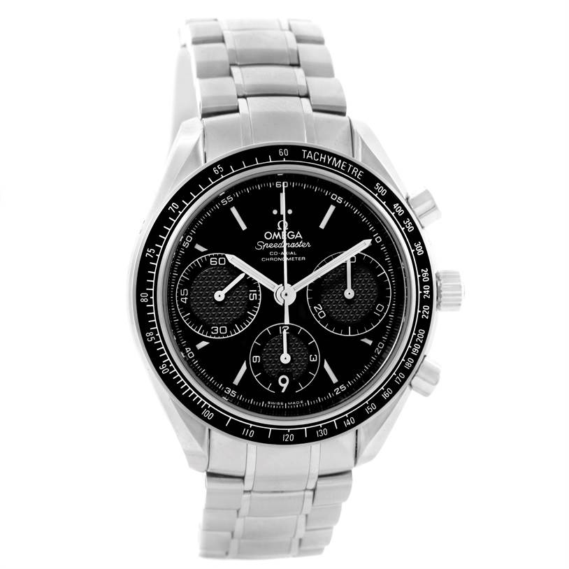 The Omega Speedmaster 326.30.40.50.01.001 Men
s Stainless Steel Black Dial 326.30.40.50.01.001 Men
s Stainless Steel Black Dial is shown from the front, displaying its dial, tachymeter bezel, and part of its metal bracelet.