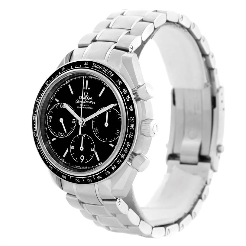 The Omega Speedmaster 326.30.40.50.01.001 Men
s Stainless Steel Black Dial 326.30.40.50.01.001 Men
s Stainless Steel Black Dial watch is shown from a high-angle shot, displaying the face, bezel, pushers, and metal bracelet.