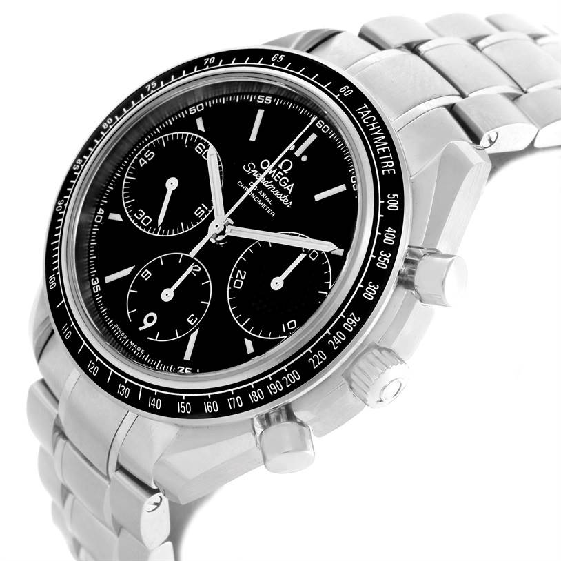 The Omega Speedmaster 326.30.40.50.01.001 Men
s Stainless Steel Black Dial 326.30.40.50.01.001 Men
s Stainless Steel Black Dial watch is shown at a three-quarter angle, highlighting its black dial, subdials, tachymeter bezel, and silver bracelet.