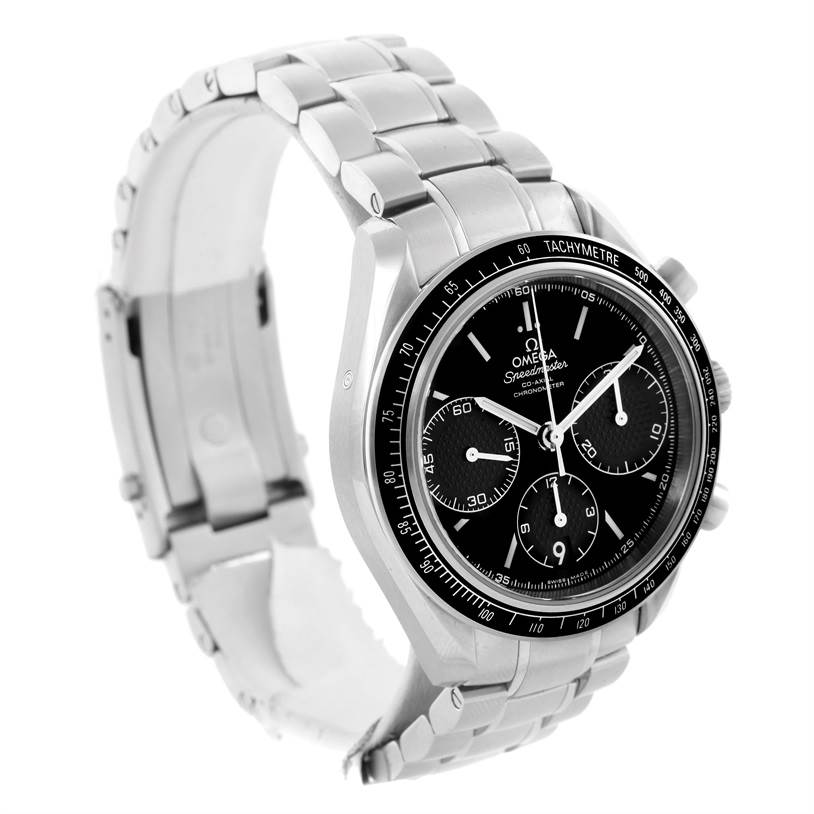The Omega Speedmaster 326.30.40.50.01.001 Men
s Stainless Steel Black Dial 326.30.40.50.01.001 Men
s Stainless Steel Black Dial watch is shown at a three-quarter angle highlighting its face, tachymeter bezel, and stainless steel bracelet.