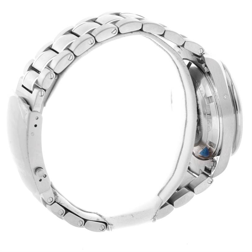 This image shows a side view of an Omega Speedmaster 326.30.40.50.01.001 Men
s Stainless Steel Black Dial 326.30.40.50.01.001 Men
s Stainless Steel Black Dial watch focusing on its metal bracelet and partially visible case back.