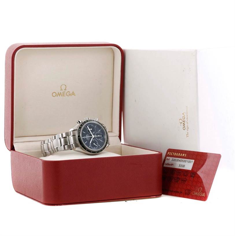 The Omega Speedmaster 326.30.40.50.01.001 Men
s Stainless Steel Black Dial 326.30.40.50.01.001 Men
s Stainless Steel Black Dial watch is displayed in its red box with a pictogram card placed beside it.