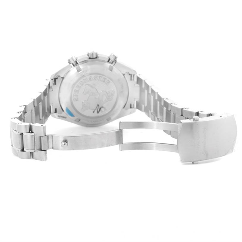 The image shows the back case and clasp of an Omega Speedmaster 326.30.40.50.01.001 Men
s Stainless Steel Black Dial 326.30.40.50.01.001 Men
s Stainless Steel Black Dial watch from a rear angle.