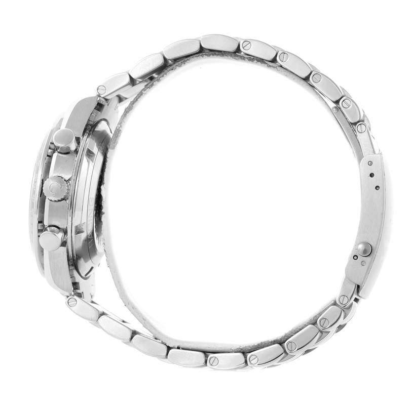 The image shows a side view of the Omega Speedmaster 326.30.40.50.01.001 Men
s Stainless Steel Black Dial 326.30.40.50.01.001 Men
s Stainless Steel Black Dial watch, highlighting the case, crown, pushers, and metal bracelet.