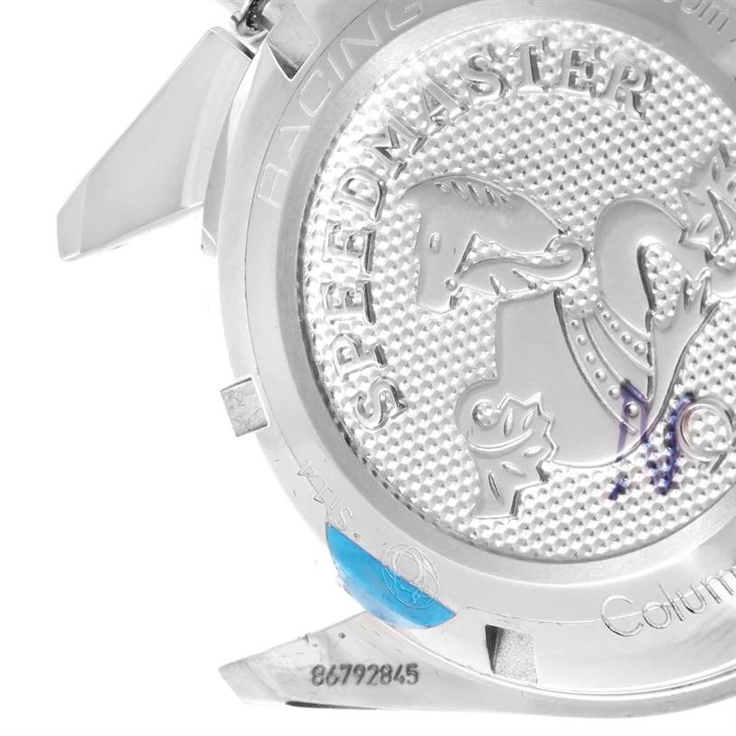 The image captures the back case of an Omega Speedmaster 326.30.40.50.01.001 Men
s Stainless Steel Black Dial 326.30.40.50.01.001 Men
s Stainless Steel Black Dial watch, showcasing the engraved logo and model name.