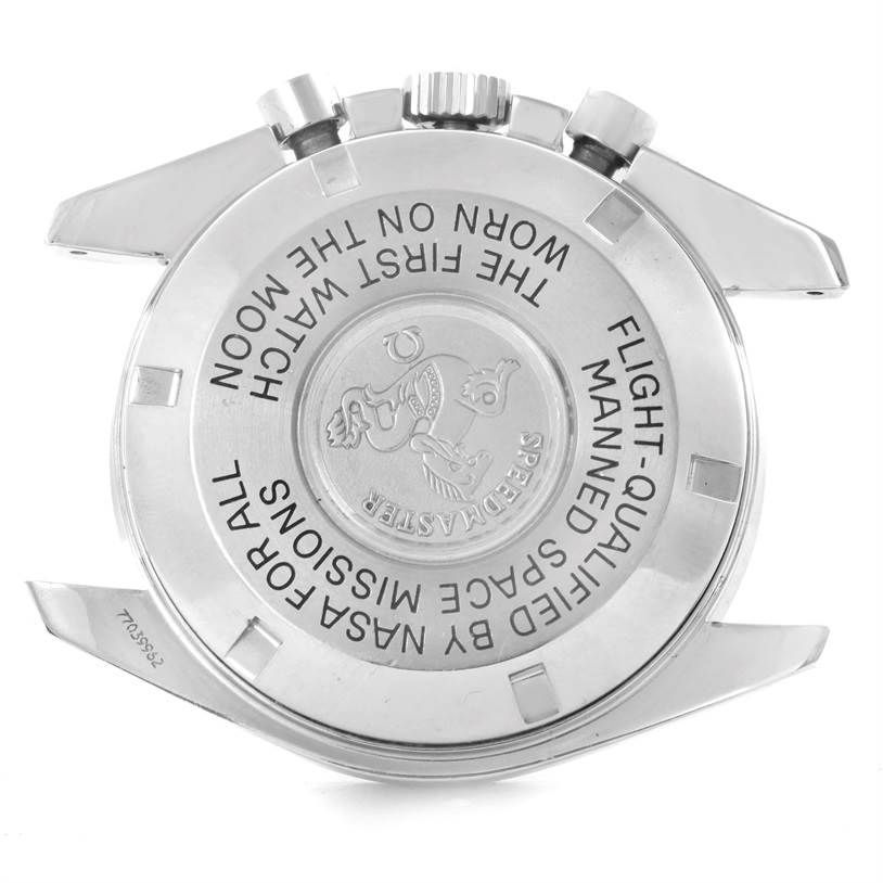 This image displays the case back of an Omega Speedmaster 3570.50.00 Men
s Stainless Steel Black Dial 3570.50.00 Men
s Stainless Steel Black Dial watch, featuring engraved text and logos.