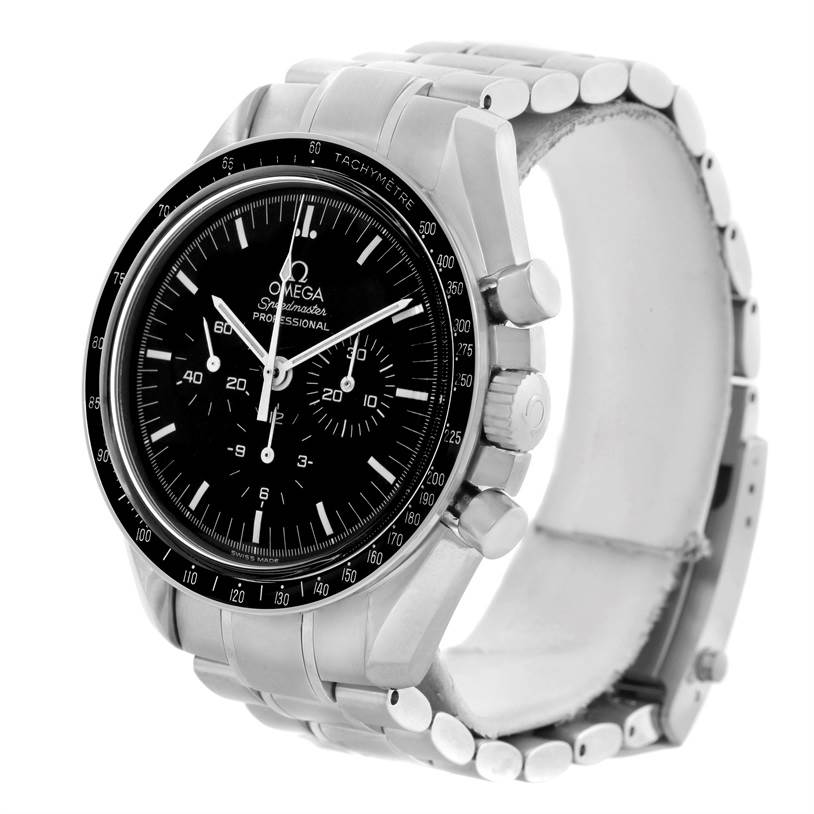 This is a frontal angled view of the Omega Speedmaster 3570.50.00 Men
s Stainless Steel Black Dial 3570.50.00 Men
s Stainless Steel Black Dial watch showcasing its bezel, dial, chronograph subdials, and bracelet.