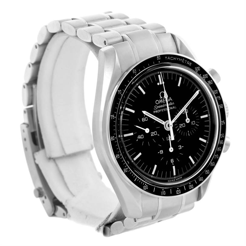 The image shows an Omega Speedmaster 3570.50.00 Men
s Stainless Steel Black Dial 3570.50.00 Men
s Stainless Steel Black Dial watch at a three-quarter angle displaying the face, bezel, case, and part of the metal bracelet.