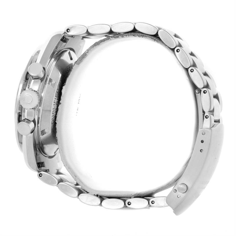 The image shows a side profile of an Omega Speedmaster 3570.50.00 Men
s Stainless Steel Black Dial 3570.50.00 Men
s Stainless Steel Black Dial watch including the case, pushers, and metal bracelet.