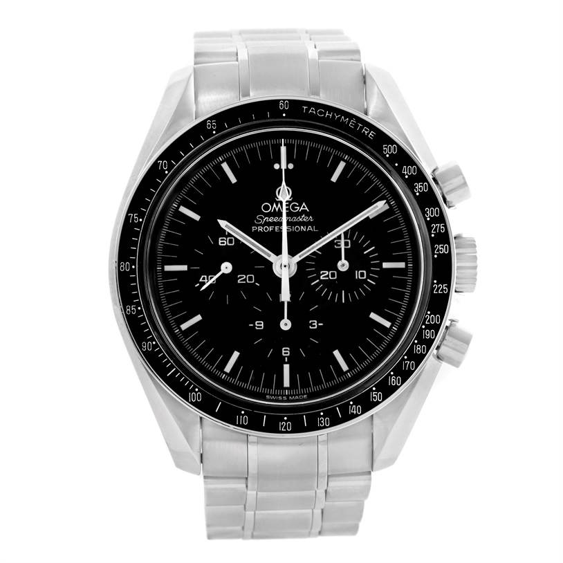 This is a front view of the Omega Speedmaster 3570.50.00 Men
s Stainless Steel Black Dial 3570.50.00 Men
s Stainless Steel Black Dial watch, showcasing its dial, bezel, and stainless steel bracelet.
