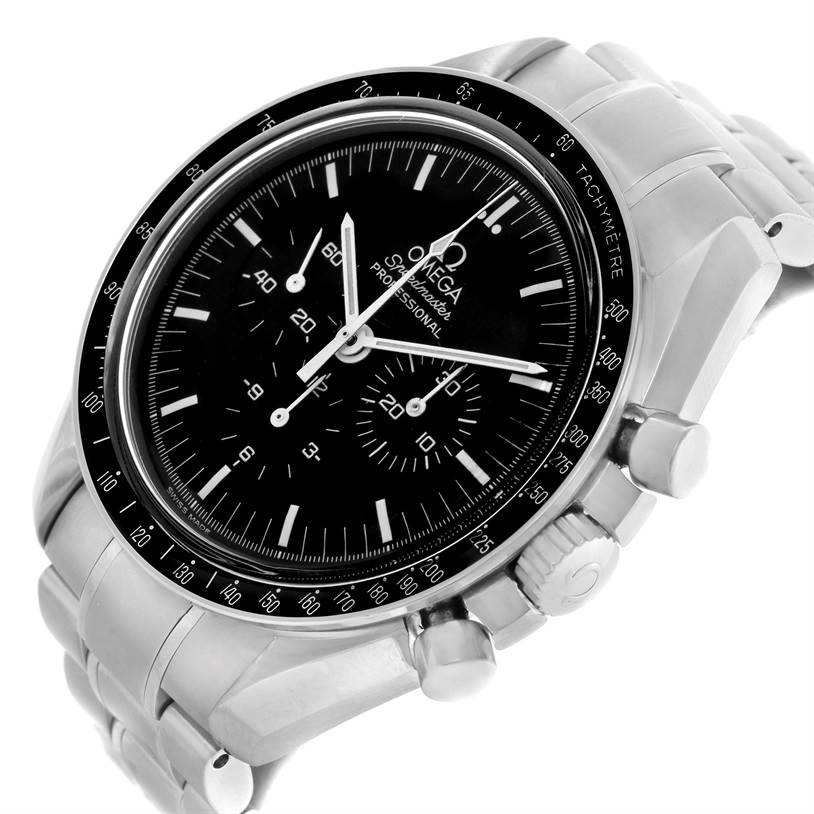 The Omega Speedmaster 3570.50.00 Men
s Stainless Steel Black Dial 3570.50.00 Men
s Stainless Steel Black Dial watch is shown at a slightly angled side view, highlighting its dial, chronograph subdials, and stainless steel bracelet.