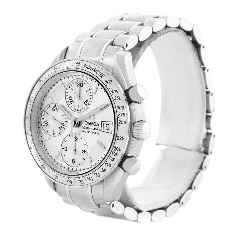 The Omega Speedmaster 3513.30.00 Men
s Stainless Steel Silver Dial 3513.30.00 Men
s Stainless Steel Silver Dial watch is shown at a slight left angle highlighting the face, bezel, crown, pushers, and bracelet.