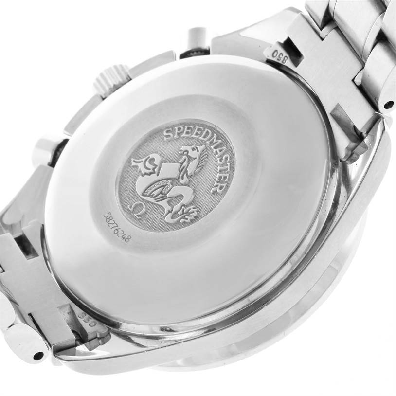 This image shows the back case and part of the metal bracelet of the Omega Speedmaster 3513.30.00 Men
s Stainless Steel Silver Dial 3513.30.00 Men
s Stainless Steel Silver Dial watch.