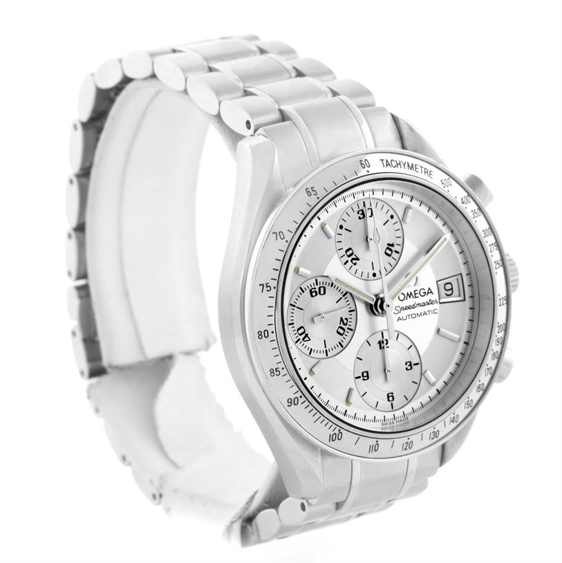 This image captures an angled view of an Omega Speedmaster 3513.30.00 Men
s Stainless Steel Silver Dial 3513.30.00 Men
s Stainless Steel Silver Dial watch showing its face, tachymeter, dials, and part of the bracelet.