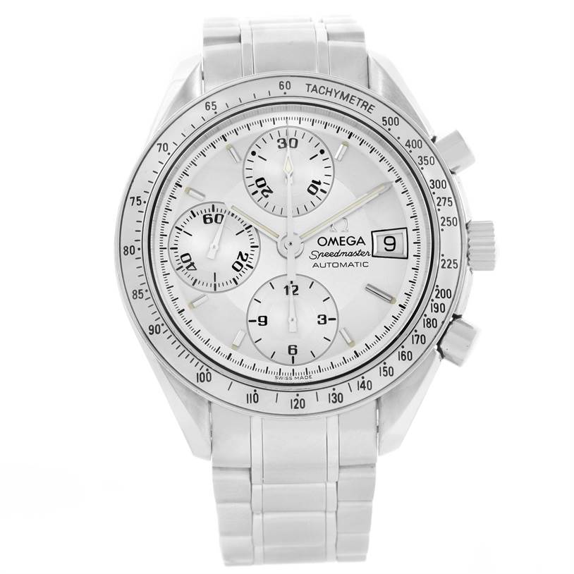 The image shows a front view of an Omega Speedmaster 3513.30.00 Men
s Stainless Steel Silver Dial 3513.30.00 Men
s Stainless Steel Silver Dial watch, displaying its dial, chronographs, hands, and bracelet.