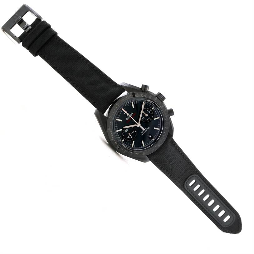 The Omega Speedmaster 311.92.44.51.01.003 Men
s Stainless Steel Black Dial 311.92.44.51.01.003 Men
s Stainless Steel Black Dial watch is shown at an angled view, highlighting its face, bezel, and black strap.