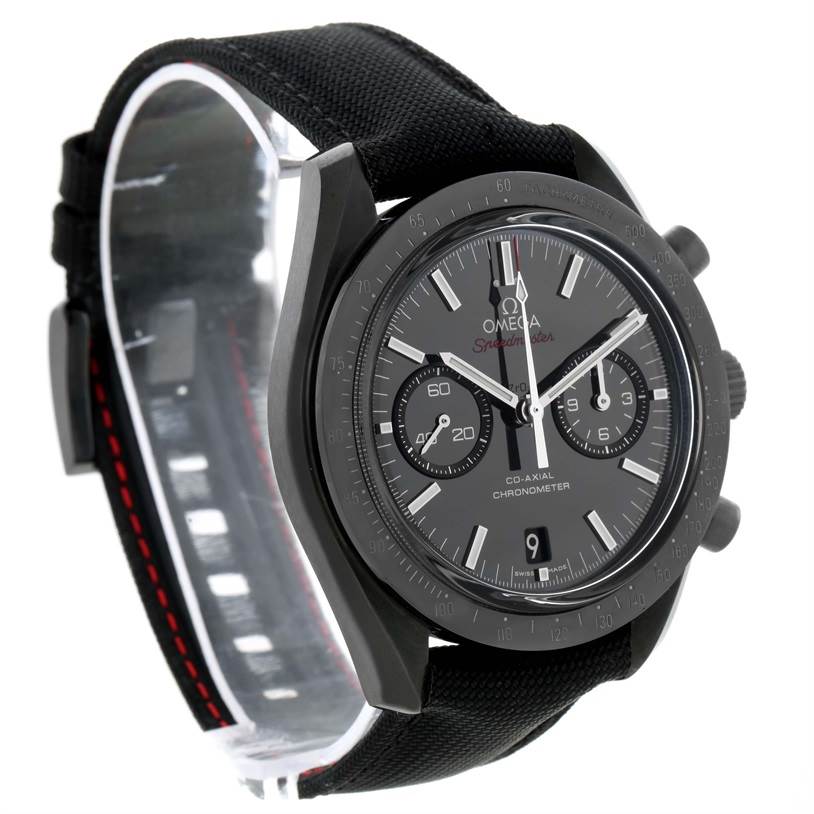 This image shows an Omega Speedmaster 311.92.44.51.01.003 Men
s Stainless Steel Black Dial 311.92.44.51.01.003 Men
s Stainless Steel Black Dial watch from a front angled view, highlighting its dial, chronograph sub-dials, and strap.