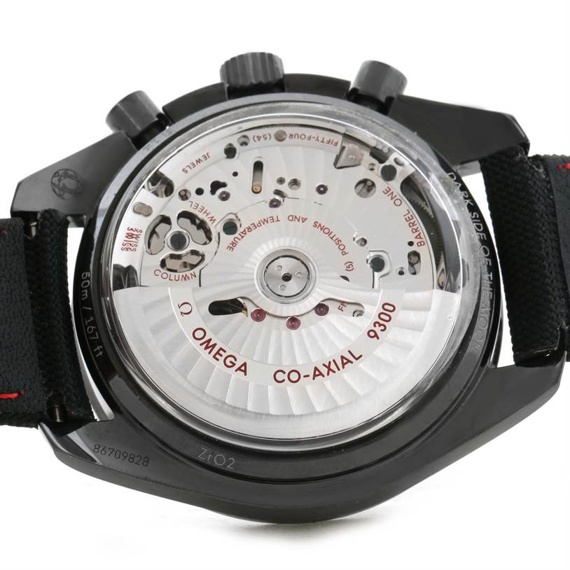 This image shows the back view of the Omega Speedmaster 311.92.44.51.01.003 Men
s Stainless Steel Black Dial 311.92.44.51.01.003 Men
s Stainless Steel Black Dial watch, highlighting its Co-Axial 9300 movement and mechanism details.