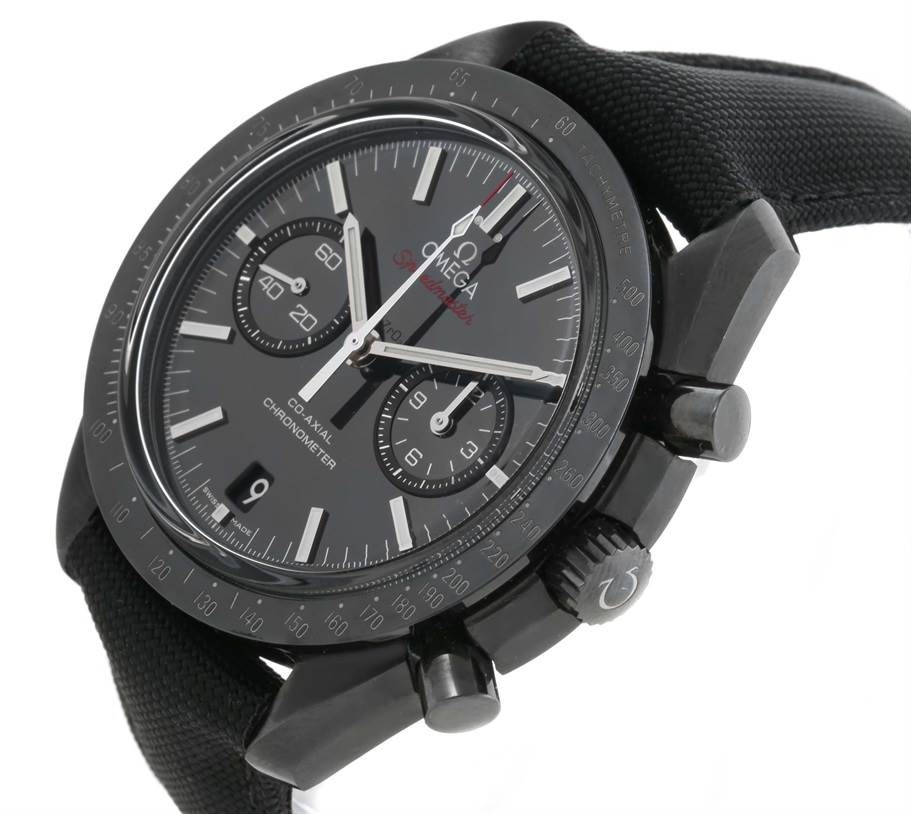 The Omega Speedmaster 311.92.44.51.01.003 Men
s Stainless Steel Black Dial 311.92.44.51.01.003 Men
s Stainless Steel Black Dial watch is shown at an angle highlighting the face, chronograph dials, bezel, and crown.