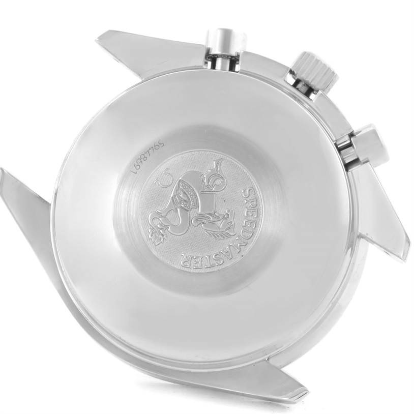 The image shows the back view of an Omega Speedmaster 3513.50.00 Stainless Steel Black Dial 3513.50.00 Stainless Steel Black Dial watch, highlighting the case back and lugs.