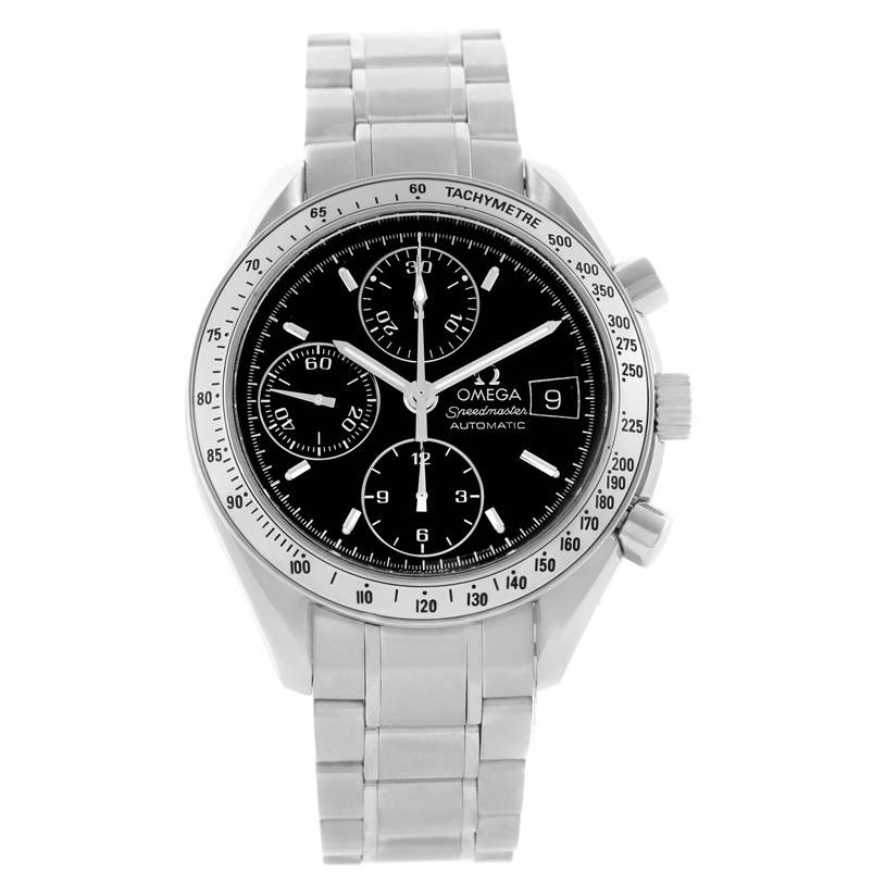 The image shows a front view of an Omega Speedmaster 3513.50.00 Stainless Steel Black Dial 3513.50.00 Stainless Steel Black Dial watch, displaying its black dial, three sub-dials, date window, and stainless steel bracelet.
