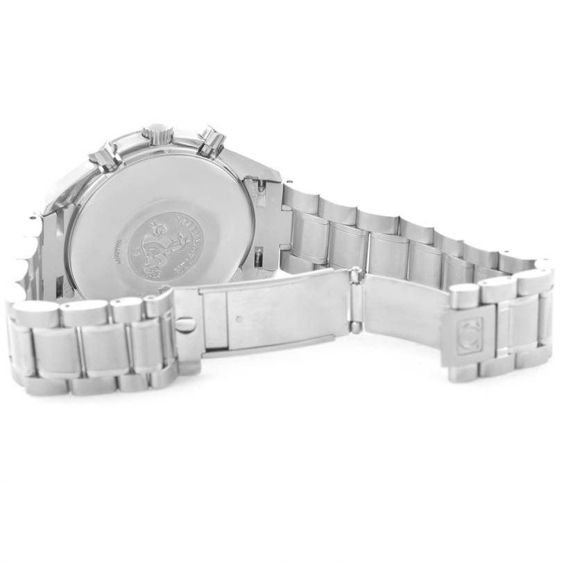 The image shows the back and clasp of an Omega Speedmaster 3513.50.00 Stainless Steel Black Dial 3513.50.00 Stainless Steel Black Dial watch, highlighting the case back and stainless steel bracelet.