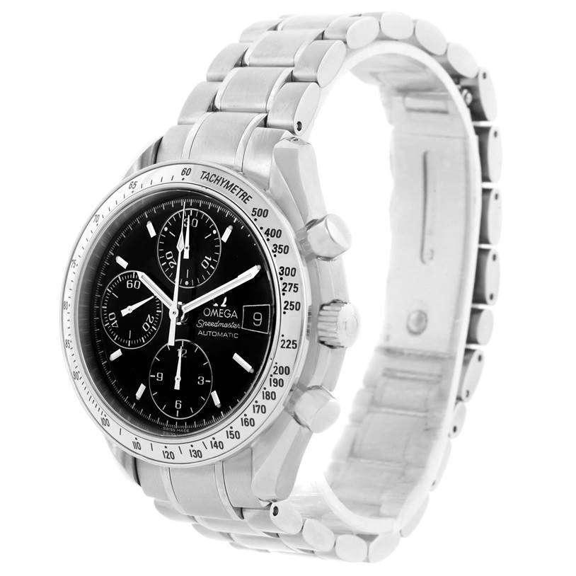 The image shows an angled view of an Omega Speedmaster 3513.50.00 Stainless Steel Black Dial 3513.50.00 Stainless Steel Black Dial watch, showcasing its face, bezel, crown, pushers, and stainless steel bracelet.