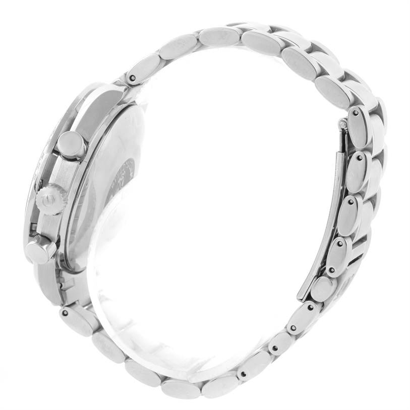 This image shows the side view of an Omega Speedmaster 3513.50.00 Stainless Steel Black Dial 3513.50.00 Stainless Steel Black Dial watch, highlighting the case, crown, pushers, and metal bracelet.