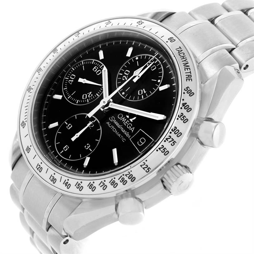 This image shows the Omega Speedmaster 3513.50.00 Stainless Steel Black Dial 3513.50.00 Stainless Steel Black Dial watch from a front angle, highlighting the dial, subdials, bezel, and bracelet.