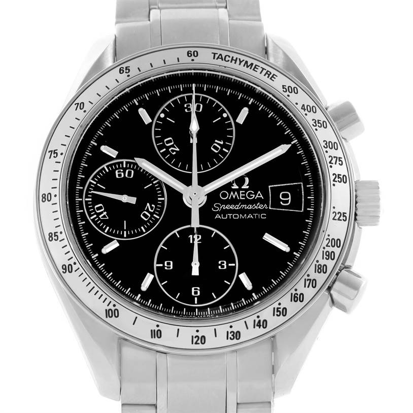 This image shows a front view of the Omega Speedmaster 3513.50.00 Stainless Steel Black Dial 3513.50.00 Stainless Steel Black Dial watch, highlighting its dial, bezel, sub-dials, and bracelet.