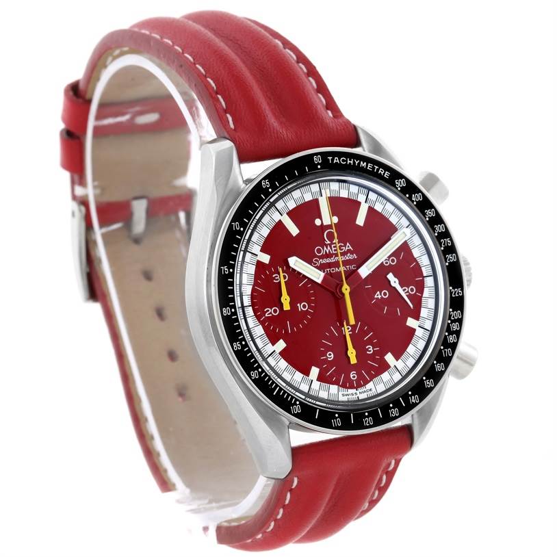 The image shows an angled front view of an Omega Speedmaster 3510.61.00 Men's Stainless Steel Red Dial 3510.61.00 Men's Stainless Steel Red Dial watch with a red dial and red leather strap.