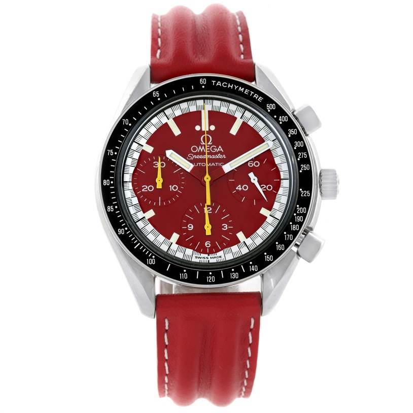 The image displays a front view of an Omega Speedmaster 3510.61.00 Men's Stainless Steel Red Dial 3510.61.00 Men's Stainless Steel Red Dial watch with a red dial, tachymeter bezel, and red leather strap.