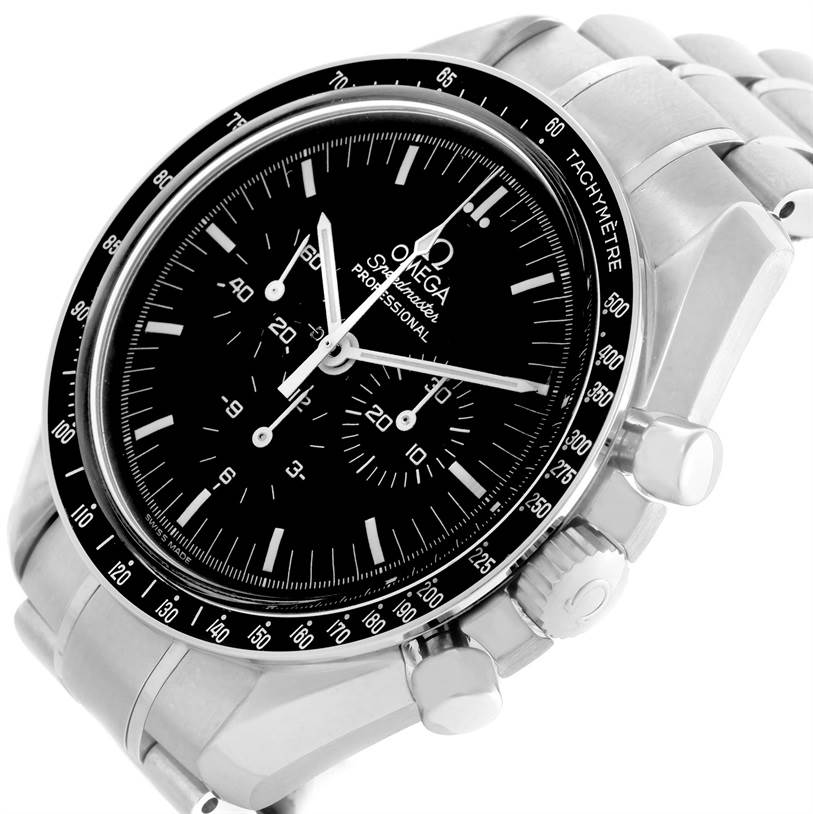 The image shows an Omega Speedmaster 3570.50.00 Men
s Stainless Steel Black Dial 3570.50.00 Men
s Stainless Steel Black Dial watch at a three-quarter angle, highlighting the dial, bezel, crown, and chronograph pushers.
