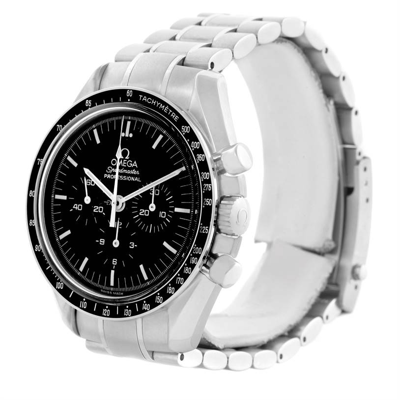 The image shows a front angled view of an Omega Speedmaster 3570.50.00 Men
s Stainless Steel Black Dial 3570.50.00 Men
s Stainless Steel Black Dial watch, highlighting its dial, bezel, crown, and part of the bracelet.