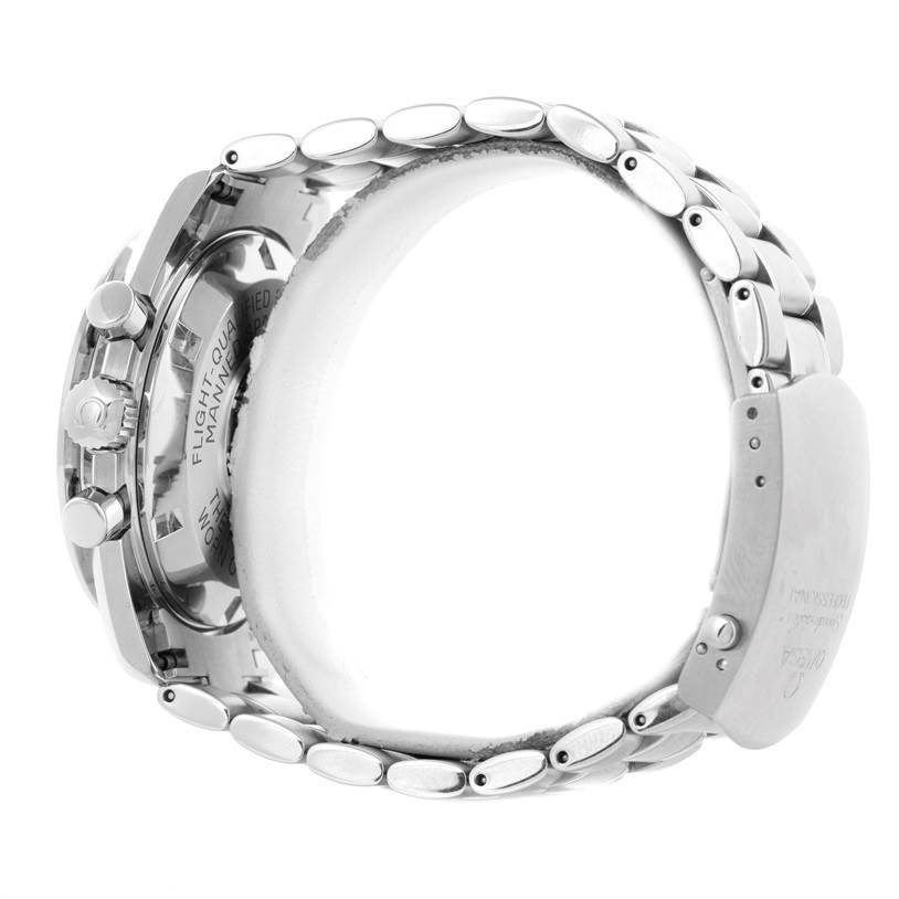 This image shows the side view of an Omega Speedmaster 3570.50.00 Men
s Stainless Steel Black Dial 3570.50.00 Men
s Stainless Steel Black Dial, highlighting its stainless steel case, pushers, and bracelet.