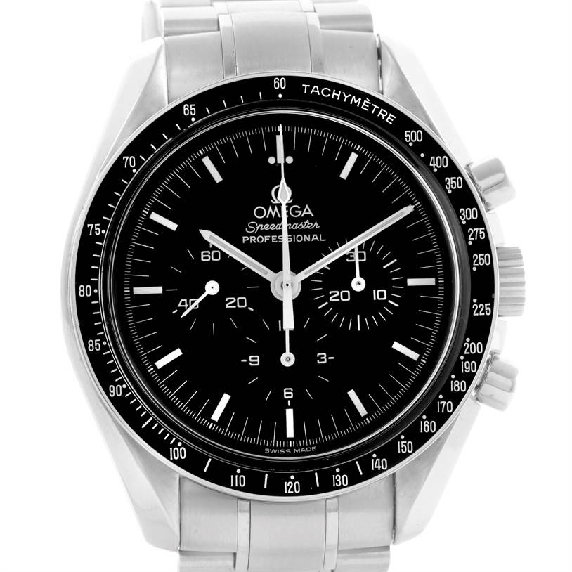 The image shows a frontal close-up view of an Omega Speedmaster 3570.50.00 Men
s Stainless Steel Black Dial 3570.50.00 Men
s Stainless Steel Black Dial Professional watch, showcasing the dial, bezel, and bracelet.