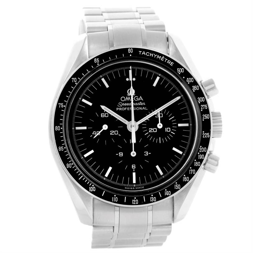 The image shows the front view of an Omega Speedmaster 3570.50.00 Men
s Stainless Steel Black Dial 3570.50.00 Men
s Stainless Steel Black Dial Professional watch, displaying its dial, bezel, and bracelet.