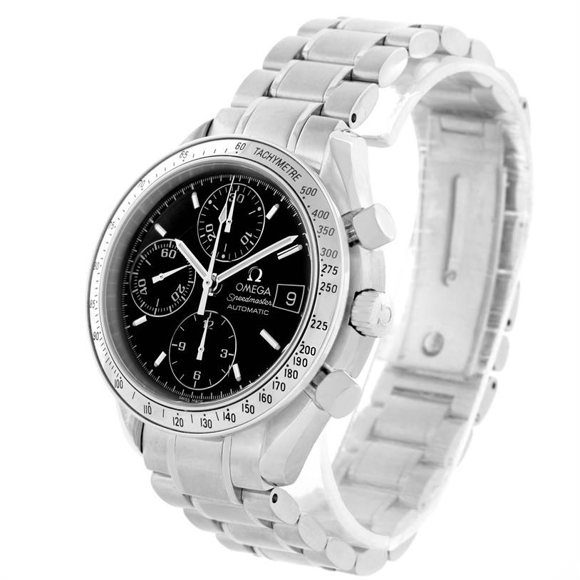 The Omega Speedmaster 3513.50.00 Men
s Stainless Steel Black Dial 3513.50.00 Men
s Stainless Steel Black Dial watch is shown from an oblique angle, displaying the face, bracelet, and side pushers.