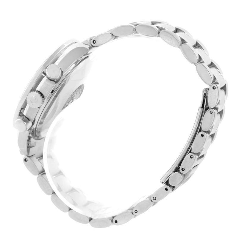 The image shows the side profile of an Omega Speedmaster 3513.50.00 Men
s Stainless Steel Black Dial 3513.50.00 Men
s Stainless Steel Black Dial watch, highlighting its pushers, crown, and metal bracelet.