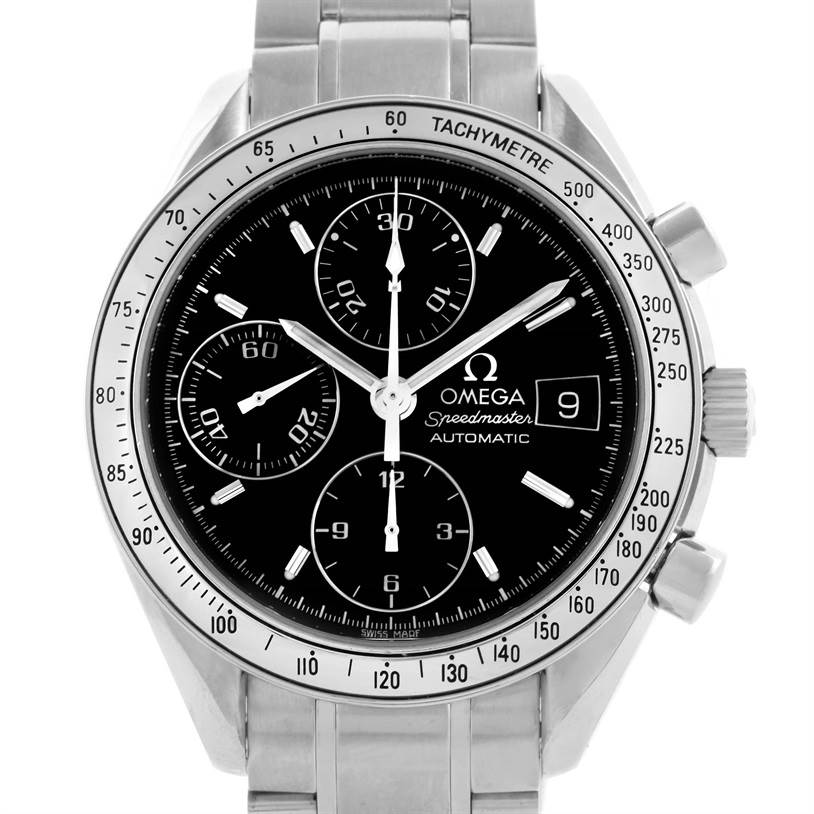 The image shows a front view of the Omega Speedmaster 3513.50.00 Men
s Stainless Steel Black Dial 3513.50.00 Men
s Stainless Steel Black Dial watch, highlighting its black dial, subdials, date window, and tachymeter bezel.