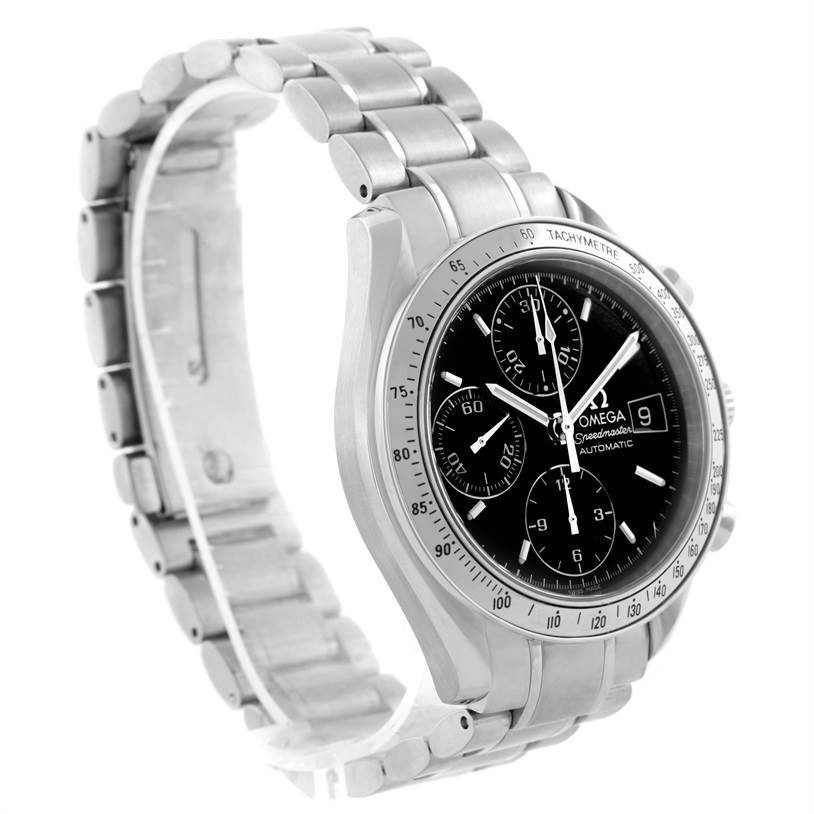 The image shows a three-quarter front view of an Omega Speedmaster 3513.50.00 Men
s Stainless Steel Black Dial 3513.50.00 Men
s Stainless Steel Black Dial watch, highlighting its stainless steel case and bracelet.