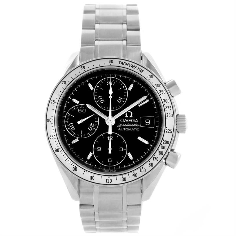 Front view of an Omega Speedmaster 3513.50.00 Men
s Stainless Steel Black Dial 3513.50.00 Men
s Stainless Steel Black Dial watch, displaying the dial, bezel, chronograph subdials, and metal bracelet.