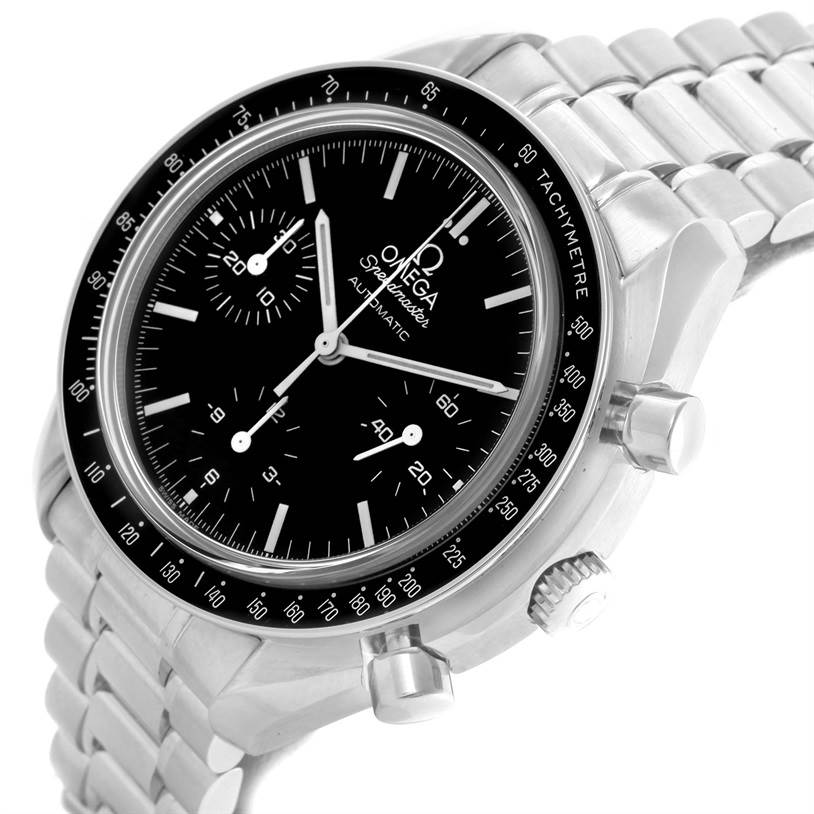 The image shows an Omega Speedmaster 3539.50.00 Men
s Stainless Steel Black Dial 3539.50.00 Men
s Stainless Steel Black Dial watch at a slight angle, highlighting the bezel, chronograph dials, and metal bracelet.