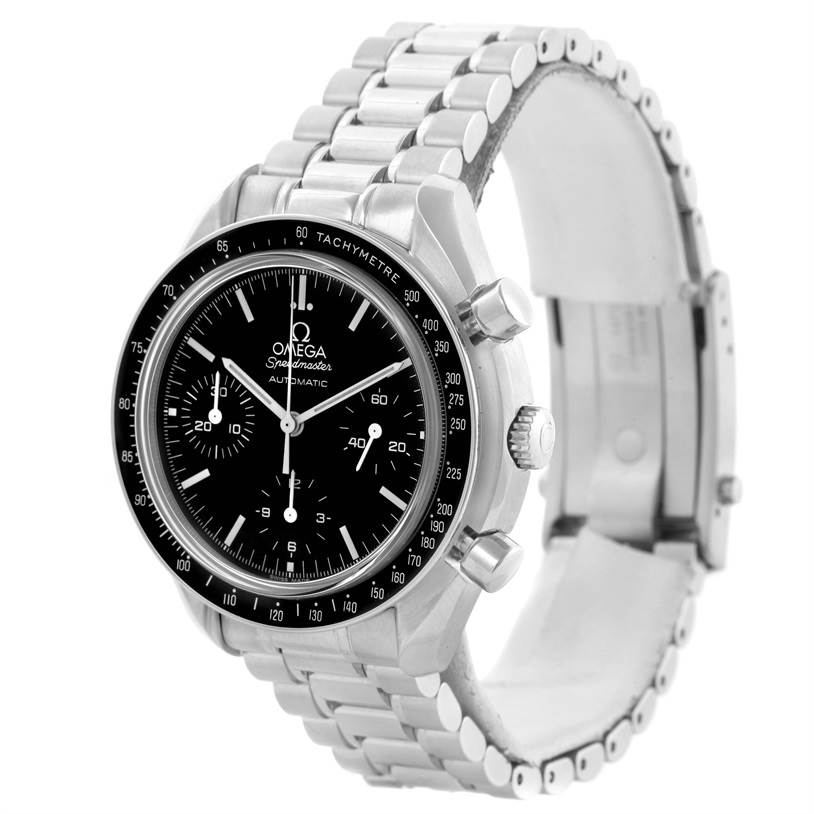 The Omega Speedmaster 3539.50.00 Men
s Stainless Steel Black Dial 3539.50.00 Men
s Stainless Steel Black Dial watch is shown at a 3/4 angle, displaying the dial, bezel, crown, and part of the bracelet.