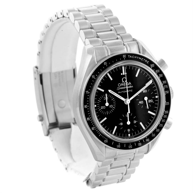 This is an angled view of an Omega Speedmaster 3539.50.00 Men
s Stainless Steel Black Dial 3539.50.00 Men
s Stainless Steel Black Dial watch, showing the dial, tachymeter bezel, and stainless steel bracelet.