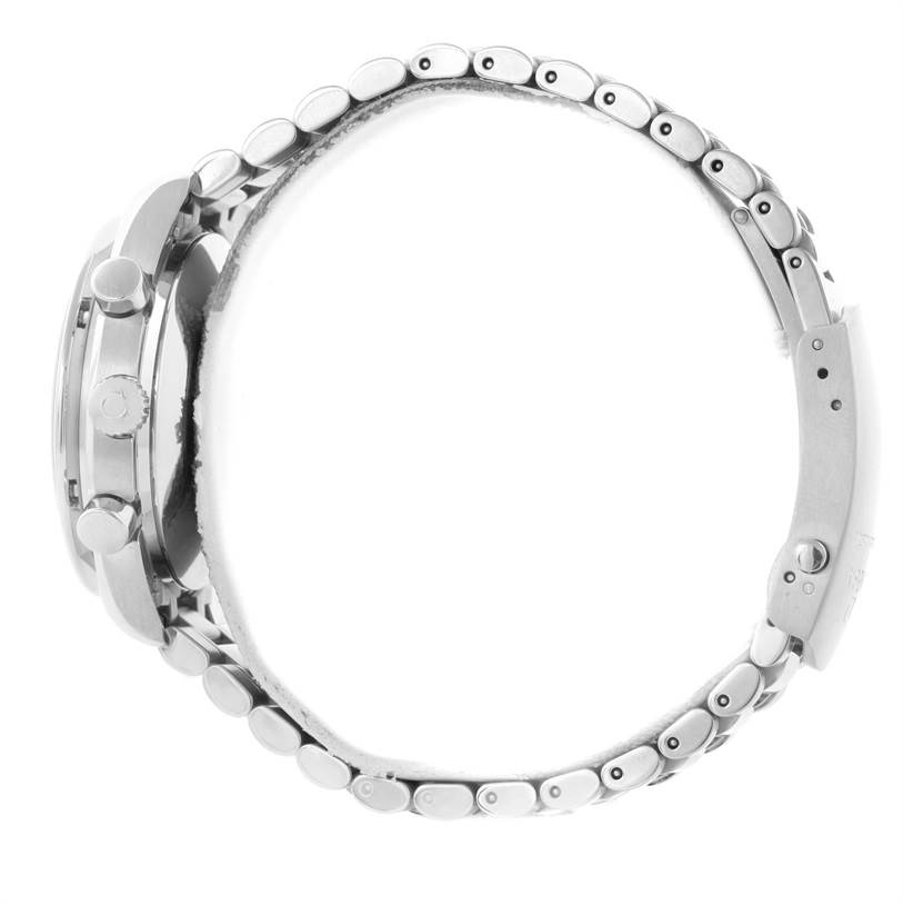 The image shows a side profile of an Omega Speedmaster 3539.50.00 Men
s Stainless Steel Black Dial 3539.50.00 Men
s Stainless Steel Black Dial watch highlighting its case, pushers, crown, and linked bracelet.