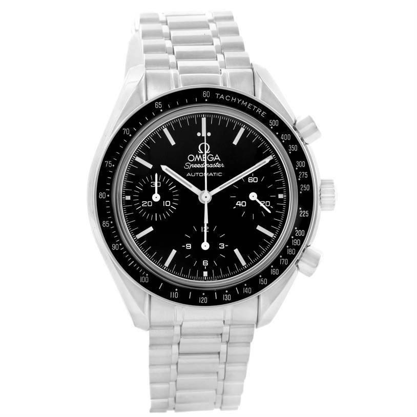This Omega Speedmaster 3539.50.00 Men
s Stainless Steel Black Dial 3539.50.00 Men
s Stainless Steel Black Dial watch is shown head-on, displaying the bezel, dial, subdials, and stainless steel bracelet.