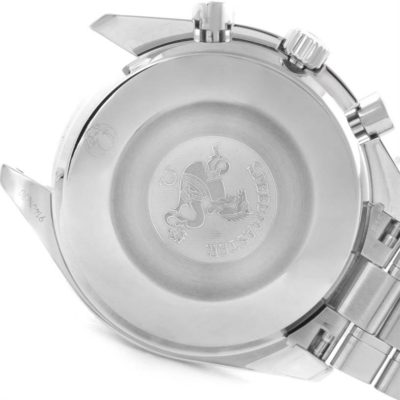 The image shows the back case, lugs, and part of the bracelet of an Omega Speedmaster 3539.50.00 Men
s Stainless Steel Black Dial 3539.50.00 Men
s Stainless Steel Black Dial watch.