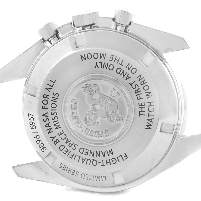 This image shows the back case and lugs of the Omega Speedmaster 311.30.42.30.01.001 Men's Stainless Steel Black Dial 311.30.42.30.01.001 Men's Stainless Steel Black Dial watch, highlighting its engravings and limited series details.